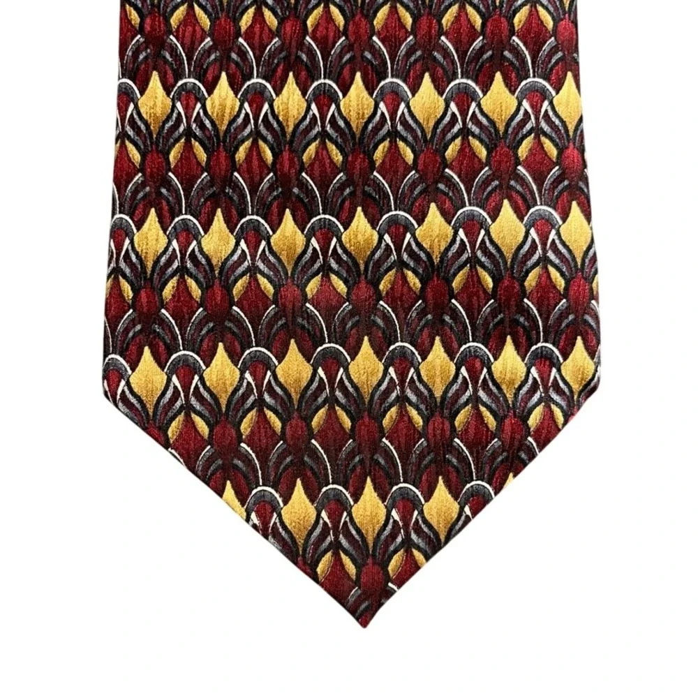 Stonehenge Mens Silk Tie Burgundy Gold Geometric Pattern Handmade Necktie